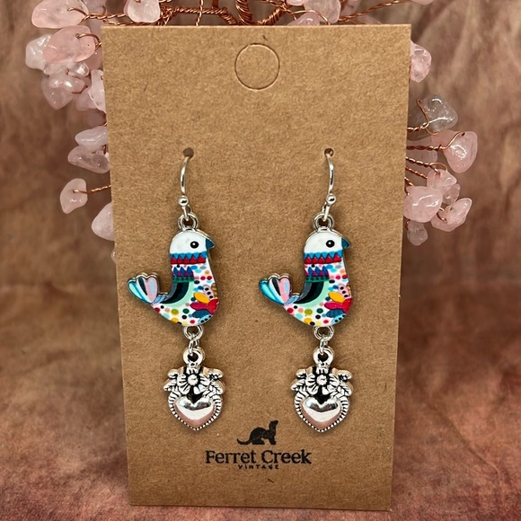 Handmade enamel colorful bird silver SACRED HEART Mexican inspired earrings - Picture 2 of 5